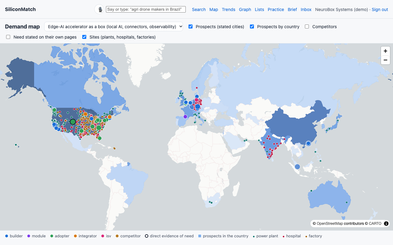 Demand map with prospects by city and country and their sites: power plants, hospitals and factories